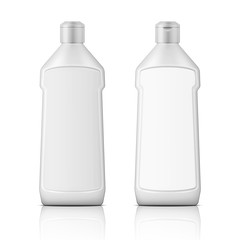 White plastic bottle for bleach with label.