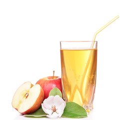 Glass of apple juice and apples, isolated on white
