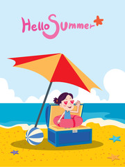 Summer holidays vector illustration,flat design treasure girl and beach, concept