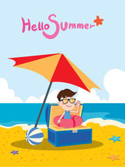 Summer holidays vector illustration,flat design treasure boy and beach, concept