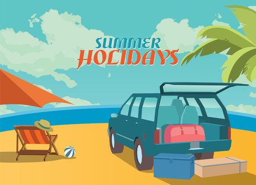 Summer holidays vector illustration,flat retro design beach and suv, concept