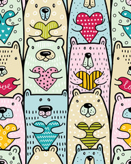 Bears with hearts. Vector seamless pattern