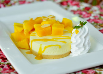 Mango cheesecake on white plate