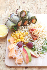Pasta spaghetti with salad mix fruit and vegetables