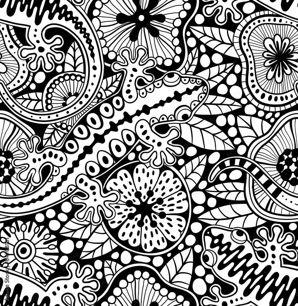 Poster abstract seamless floral pattern with geckos