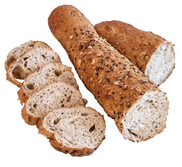 Integral Baguette cut in slices, Isolated on White Background.