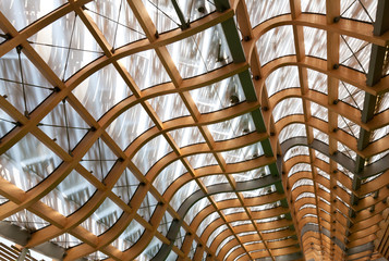 modern curved structure wood glass, roof futuristic building