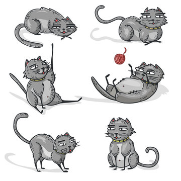 Set of gray cartoon cats. Cats play, sleep, lay. Vector.