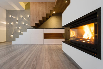 interior of beautiful modern living room with fireplace