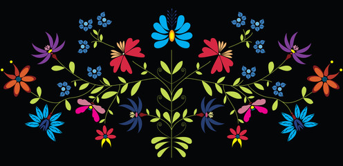 European Culture Inspired Folk Floral pattern in color on black background