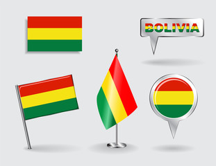 Set of Bolivian pin, icon and map pointer flags. Vector