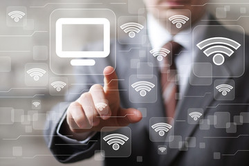 Social network Wifi businessman presses button media computer