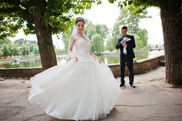 just married in love walking at the park