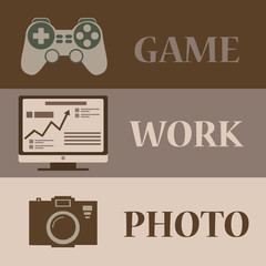 Three strips of icons on the subject of games, photos, and work.