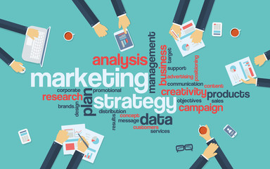 Marketing strategy concept infographics. Word cloud with