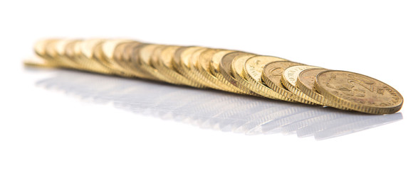 Malaysian coins over white background