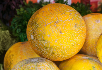Melon at the farmers market, close up, selective focus