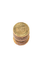 Malaysian coins over white background