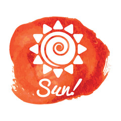 Sun symbol on orange watercolor texture. Label design template.