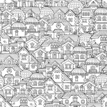 Vector seamless pattern with hand drawn and colorful houses on white color. Background for use in design, web site, packing, textile, fabric