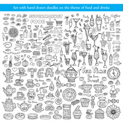 Vector set with hand drawn doodles on the theme of food and drinks on white background. Sketches for use in design