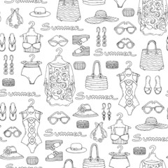 Vector seamless pattern with hand drawn fasionable clothes for  beach vacation on white background. Background for use in design, web site, packing, textile, fabric