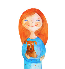 Girl with dog on hands. Watercolor - 84721734