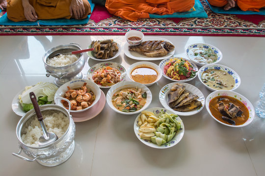 food and drink for monks in traditional religious ceremony in a temple in Thailand.