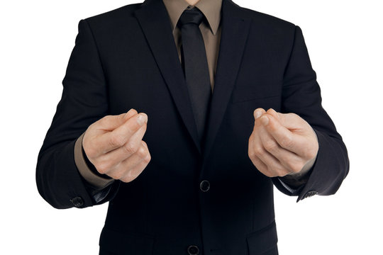 Businessman making a hand gesture - asking for money (on white background)