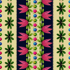 Seamless pattern with watercolor flowers and leaves