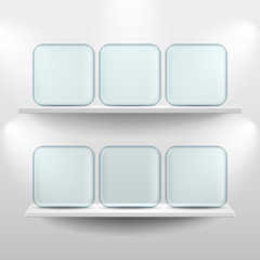 Shelves with glass app icons on white background