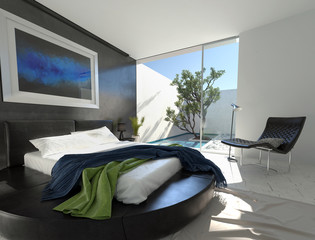 Luxury leather bed in a modern bedroom
