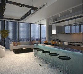 Interior of Modern Condo Kitchen and Sitting Room
