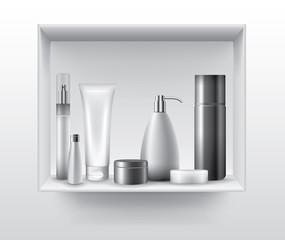 Blank cosmetic tubes on bathroom shelf, vector