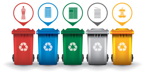 Colorful recycle trash bins with garbage icons vector set