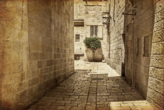 Ancient Alley in Jewish Quarter, Jerusalem. Photo in old color image style.