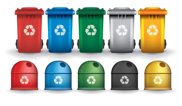 Colorful recycle trash bins and containers vector set