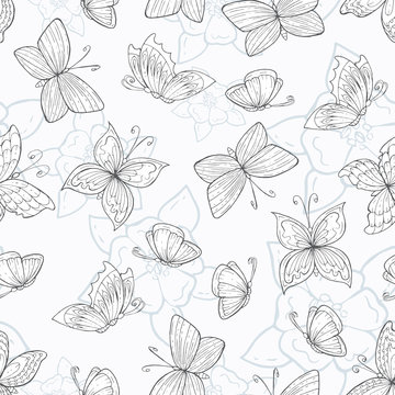 Vector seamless pattern with hand drawn butterflies and flowers on white background. Background for use in design, web site, packing, textile, fabric