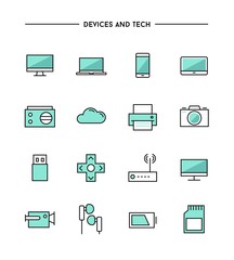 set of thin line flat devices and tech icons