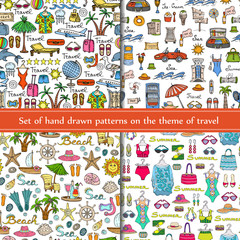 Vector set of hand drawn seamless patterns on the theme of travel on white background. Sketches for use in design