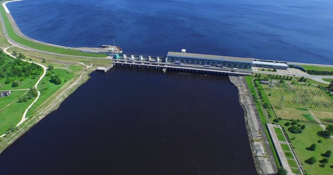 4K - Hydro Power Plant dam from above. Aerial view