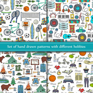 Vector set of hand drawn seamless patterns with different hobbies on white background. Sketches for use in design