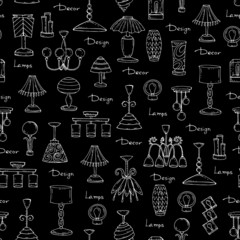 Vector seamless pattern of hand drawn lamps and chandeliers on black background. Decorative elements for interior design. Background for use in design, web site, packing, textile, fabric