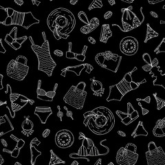Vector seamless pattern with hand drawn fashionable swimsuits and accessories on black color. Background for use in design, web site, packing, textile, fabric