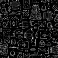 Vector seamless pattern of hand drawn fashion collection with summer women's clothing on black background. Background for use in design, web site, packing, textile, fabric