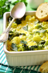 Cauliflower and broccoli baked in cream sauce.