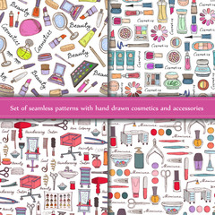 Vector set of seamless patterns with hand drawn cosmetics and accessories on white background. Background for use in design, web site, packing, textile, fabric