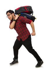 Young man with bags isolated on white