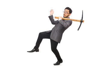 Young businessman holding a tool isolated on white