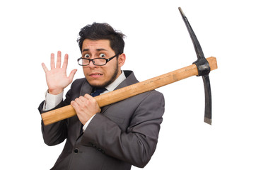 Young businessman holding a tool isolated on white